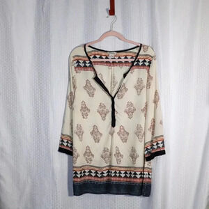 Lucky Brand Size 2X beige blue/rust 3/4 sleeve vneck 1/4 button blouse peasant b